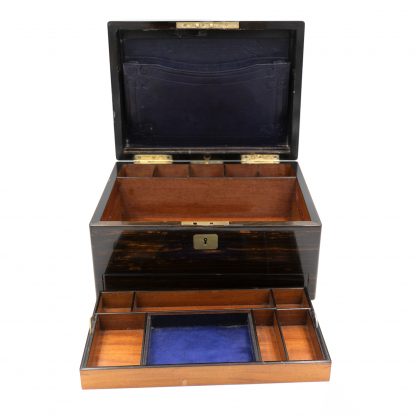 Opened interior of A Solid Coromandel Dressing Box Of Timeless Elegance, English 1830-1850.