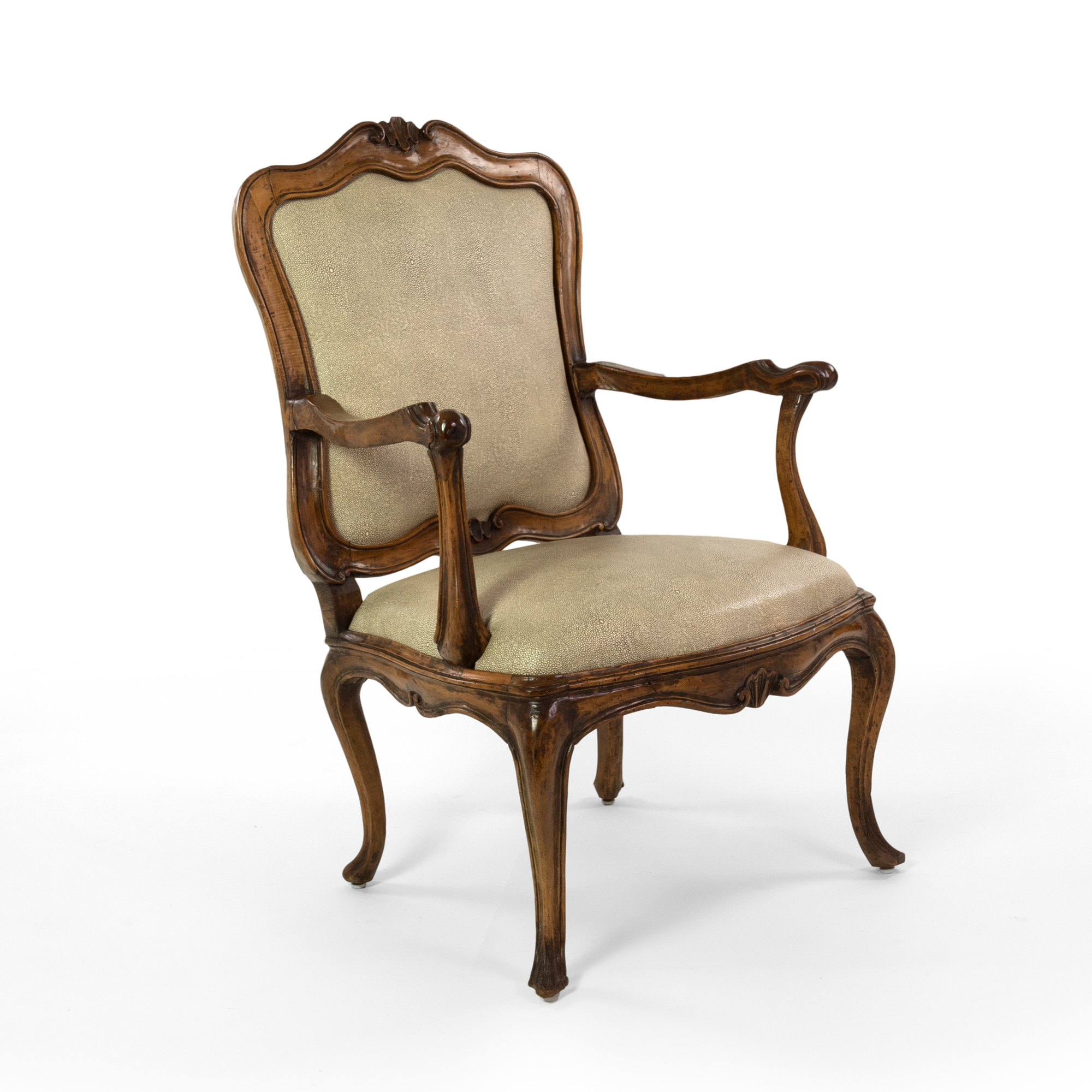 18TH CENTURY LOUIS XV PERIOD CARVED BEECHWOOD FAUTEUIL, NEWLY