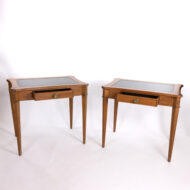 Pair Of Neoclassical Style Side Tables With Single Drawer Black With Embossed Leather Inset Tops American 20th Century