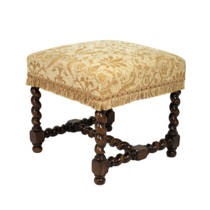 French Baroque Style Upholstered Walnut Stool with Carved Barley Twist Legs and H-Stretcher Circa 1900