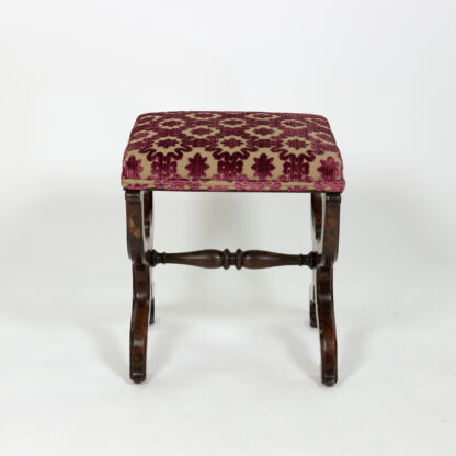 Carved Mahogany Curule Form Upholstered Stool with New Velvet Upholstery English, Circa 1890