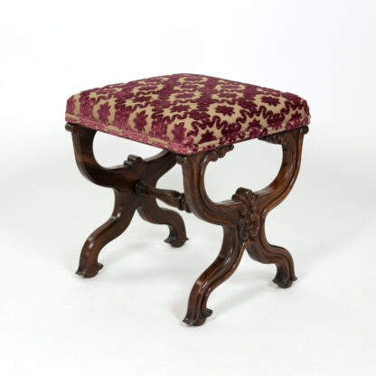 Carved Mahogany Curule Form Upholstered Stool with New Velvet Upholstery English, Circa 1890