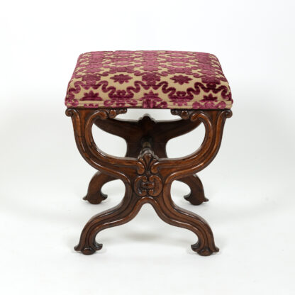 Carved Mahogany Curule Form Upholstered Stool with New Velvet Upholstery English, Circa 1890