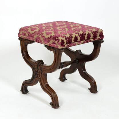 Carved Mahogany Curule Form Upholstered Stool with New Velvet Upholstery English, Circa 1890