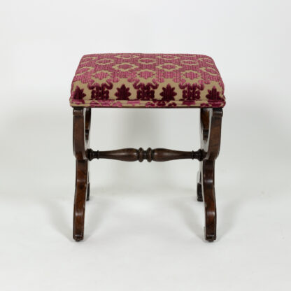 Carved Mahogany Curule Form Upholstered Stool with New Velvet Upholstery English, Circa 1890