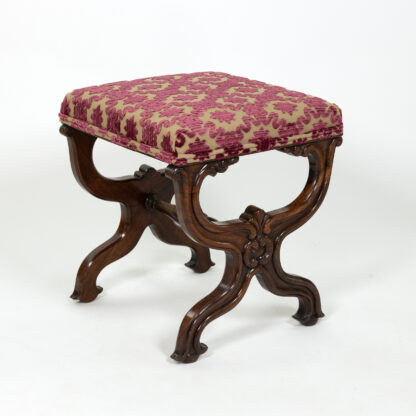 Carved Mahogany Curule Form Upholstered Stool with New Velvet Upholstery English, Circa 1890