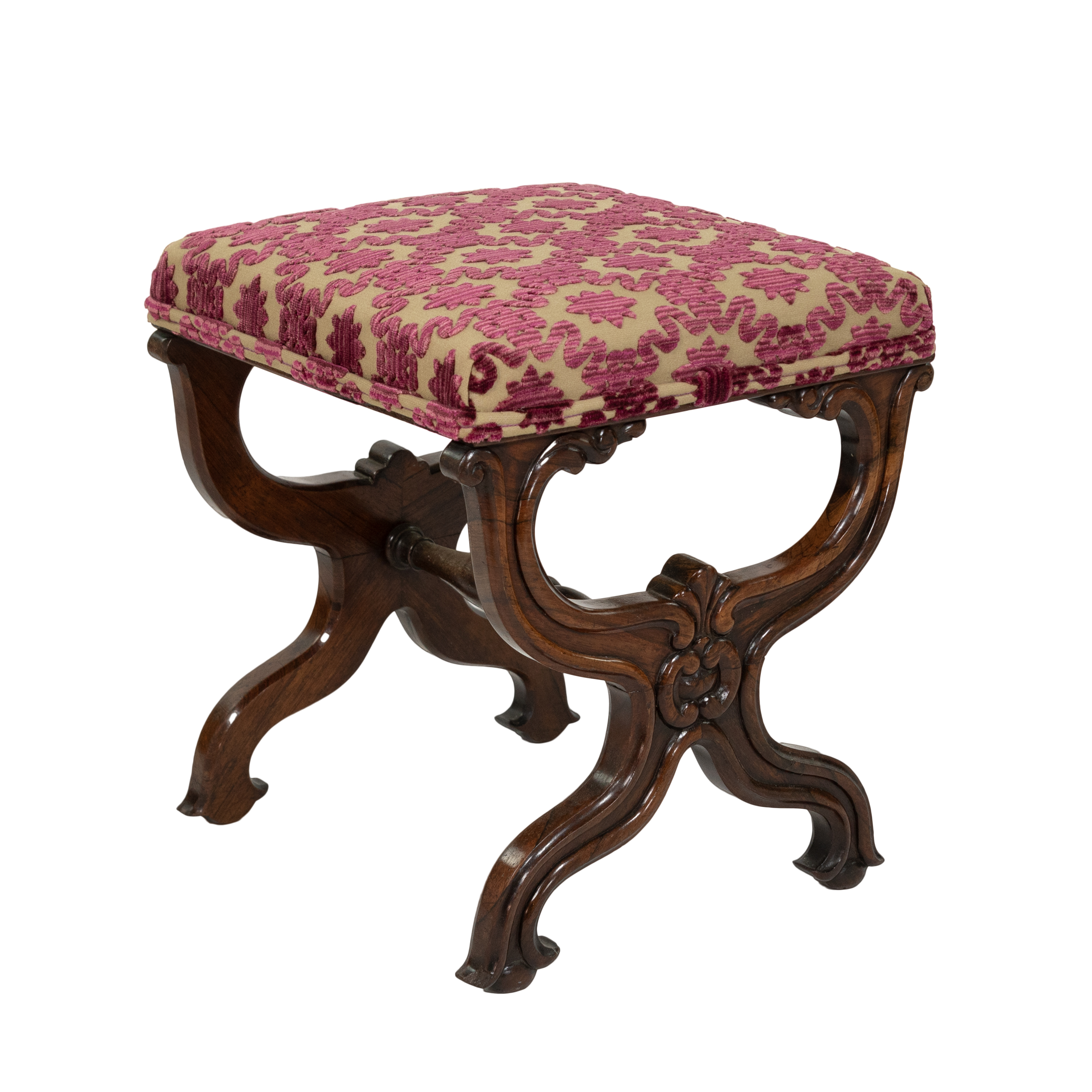 Carved Mahogany Curule Form Upholstered Stool with New Velvet Upholstery English, Circa 1890