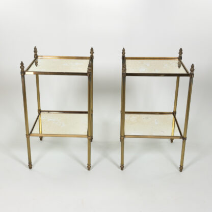 Pair of French Art Deco Fluted Brass Square Cocktail Tables with Antique Mirror Shelves Circa 1900