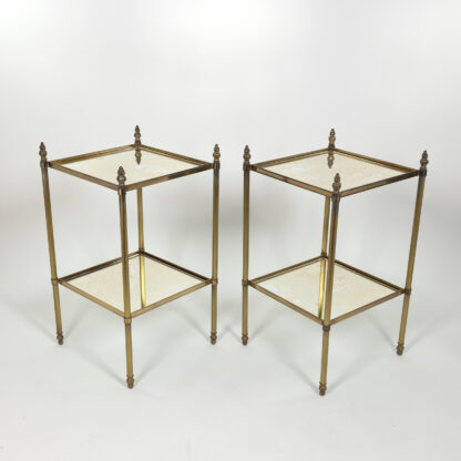 Pair of French Art Deco Fluted Brass Square Cocktail Tables with Antique Mirror Shelves Circa 1900