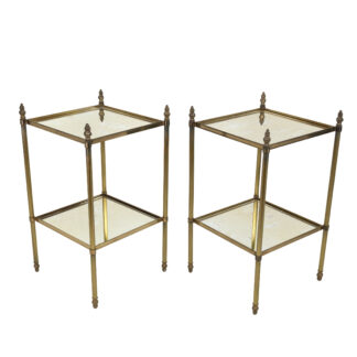 Pair of French Art Deco Fluted Brass Square Cocktail Tables with Antique Mirror Shelves Circa 1900