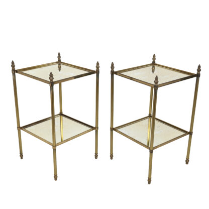 Pair of French Art Deco Fluted Brass Square Cocktail Tables with Antique Mirror Shelves Circa 1900