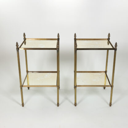 Pair of French Art Deco Fluted Brass Square Cocktail Tables with Antique Mirror Shelves Circa 1900