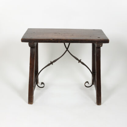 Small Scale Spanish Walnut Trestle Table with Iron Stretcher Circa 1850