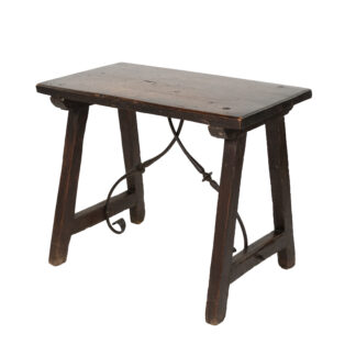 Small Scale Spanish Walnut Trestle Table with Iron Stretcher Circa 1850