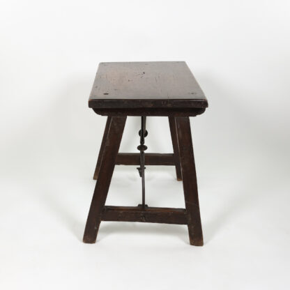 Small Scale Spanish Walnut Trestle Table with Iron Stretcher Circa 1850