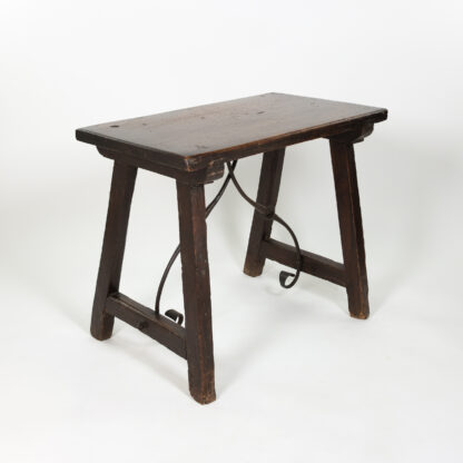 Small Scale Spanish Walnut Trestle Table with Iron Stretcher Circa 1850