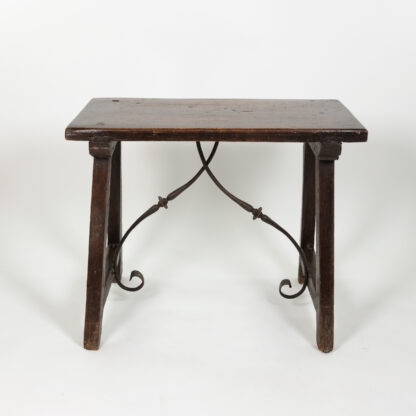 Small Scale Spanish Walnut Trestle Table with Iron Stretcher Circa 1850