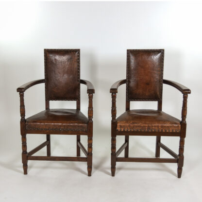 Pair of Beechwood and Leather Armchairs with Nailhead Trim French, Circa 1900