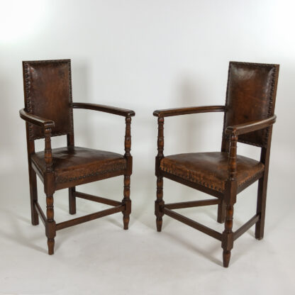 Pair of Beechwood and Leather Armchairs with Nailhead Trim French, Circa 1900