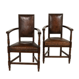 Pair of Beechwood and Leather Armchairs with Nailhead Trim French, Circa 1900