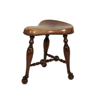 Turned Mahogany Three-Legged Saddle-Seat Stool, Leather Seat with Nailhead Trim English circa 1850