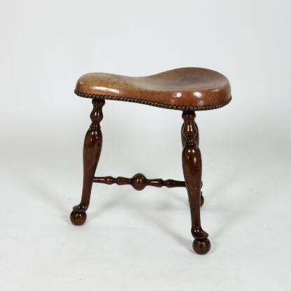 Turned Mahogany Three-Legged Saddle-Seat Stool, Leather Seat with Nailhead Trim English circa 1850