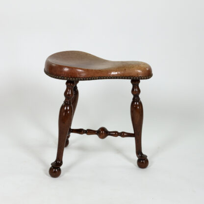 Turned Mahogany Three-Legged Saddle-Seat Stool, Leather Seat with Nailhead Trim English circa 1850