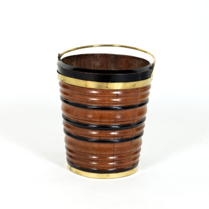 Turned Fruitwood and Ebony Peat Bucket with Brass Strapping and Handle Netherlands Circa 1890