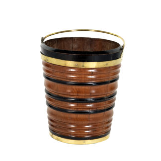 Turned Fruitwood and Ebony Peat Bucket with Brass Strapping and Handle Netherlands Circa 1890