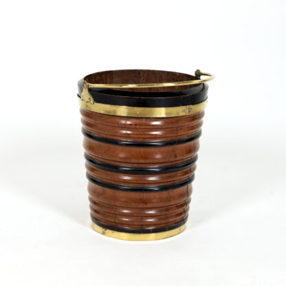 Turned Fruitwood and Ebony Peat Bucket with Brass Strapping and Handle Netherlands Circa 1890