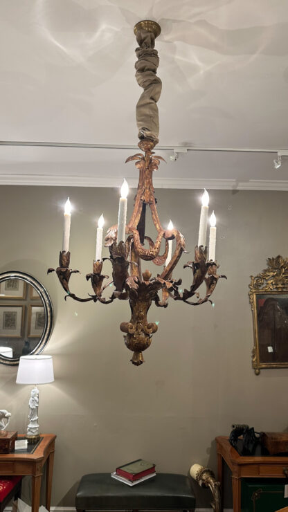 Late 19th-Century French Gilt Tole Six-Light Chandelier, Circa 1870