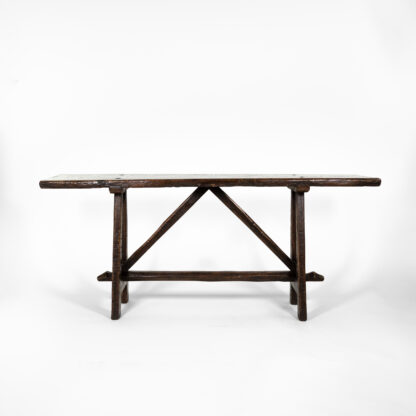 Italian Walnut Narrow Trestle Table with Plank Top and Stretcher Base Circa 1700