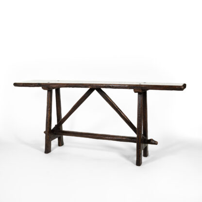 Italian Walnut Narrow Trestle Table with Plank Top and Stretcher Base Circa 1700