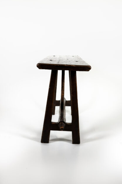 Italian Walnut Narrow Trestle Table with Plank Top and Stretcher Base Circa 1700