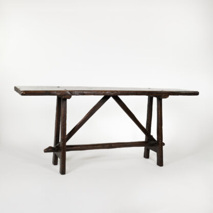 Italian Walnut Narrow Trestle Table with Plank Top and Stretcher Base Circa 1700