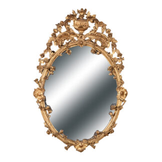 Carved French Giltwood Oval Mirror with Urn Crest and Floral Garlands, Circa 1870