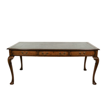 Queen Anne Style Burl Walnut Writing Table with Embossed Green Leather Top, English circa 1860