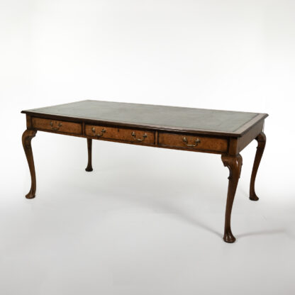 Queen Anne Style Burl Walnut Writing Table with Embossed Green Leather Top, English circa 1860