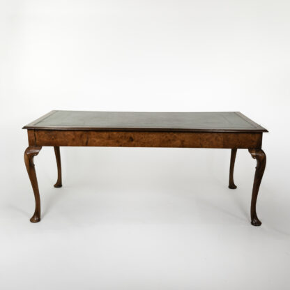 Queen Anne Style Burl Walnut Writing Table with Embossed Green Leather Top, English circa 1860