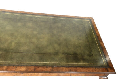 Queen Anne Style Burl Walnut Writing Table with Embossed Green Leather Top, English circa 1860