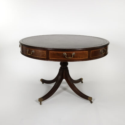 English Mahogany Drum Table with Embossed Leather Top Circa 1900