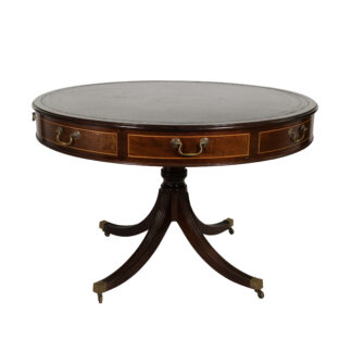 English Mahogany Drum Table with Embossed Leather Top Circa 1900