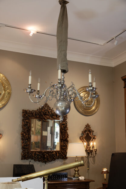 Flemish Baroque Style Silver Plated Cast Bronze Six Light Chandelier Netherlands circa 1870