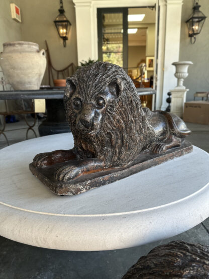 Pair of Large Salt Glazed Stoneware Recumbent Lions, Portuguese Circa 1830