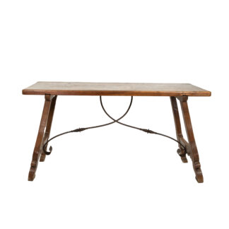 Spanish Baroque Style Chestnut Trestle Table with Wrought Iron Stretcher and Harp-Shaped Bases Circa 1850